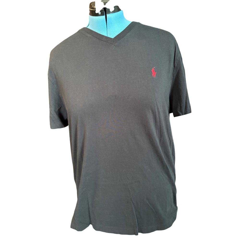 Polo Ralph Lauren Mens V-Neck T-Shirt Black‎ Classic Fit Red Pony Logo Large